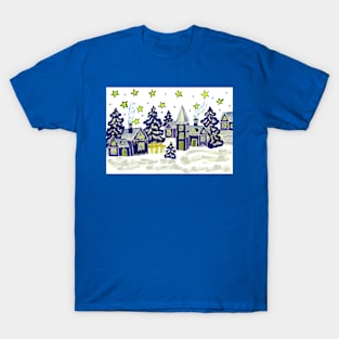 Winter landscape with blue houses T-Shirt